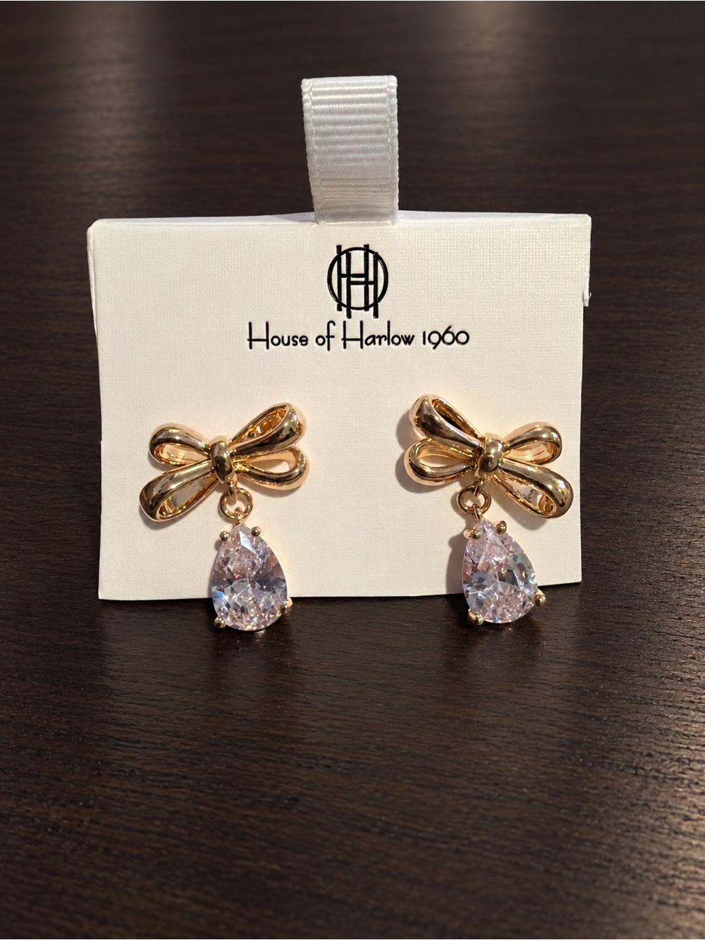 House of Harlow 1960 Gold Bow Teardrop Crystal Drop Earrings